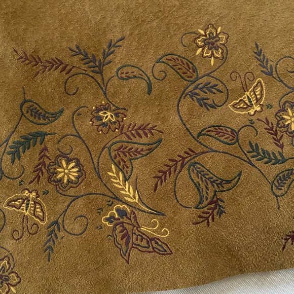 Y2K EXPRESS Leather Pencil Skirt Floral Hem, sz 5/6 western Cowgirl Boho Tan - Picture 3 of 9